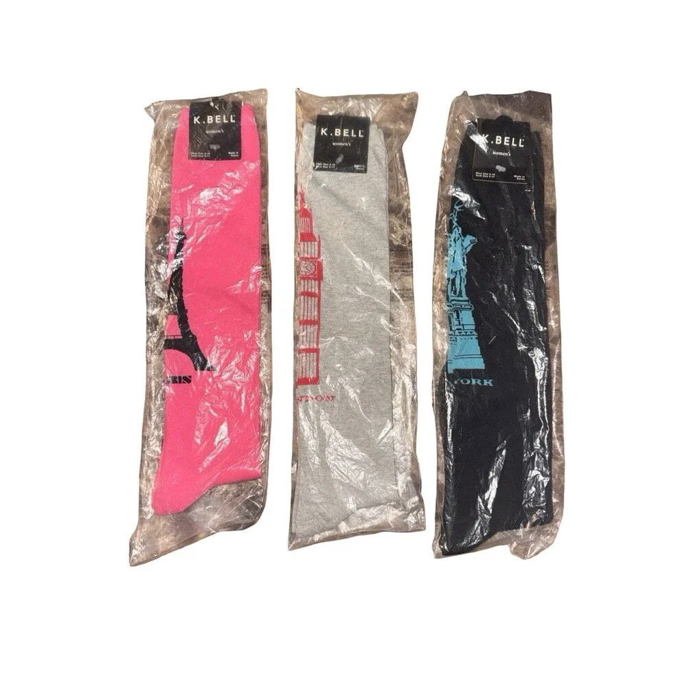K Bell Knee High Socks Women’s 3 Pack Paris NYC Statue Novelty